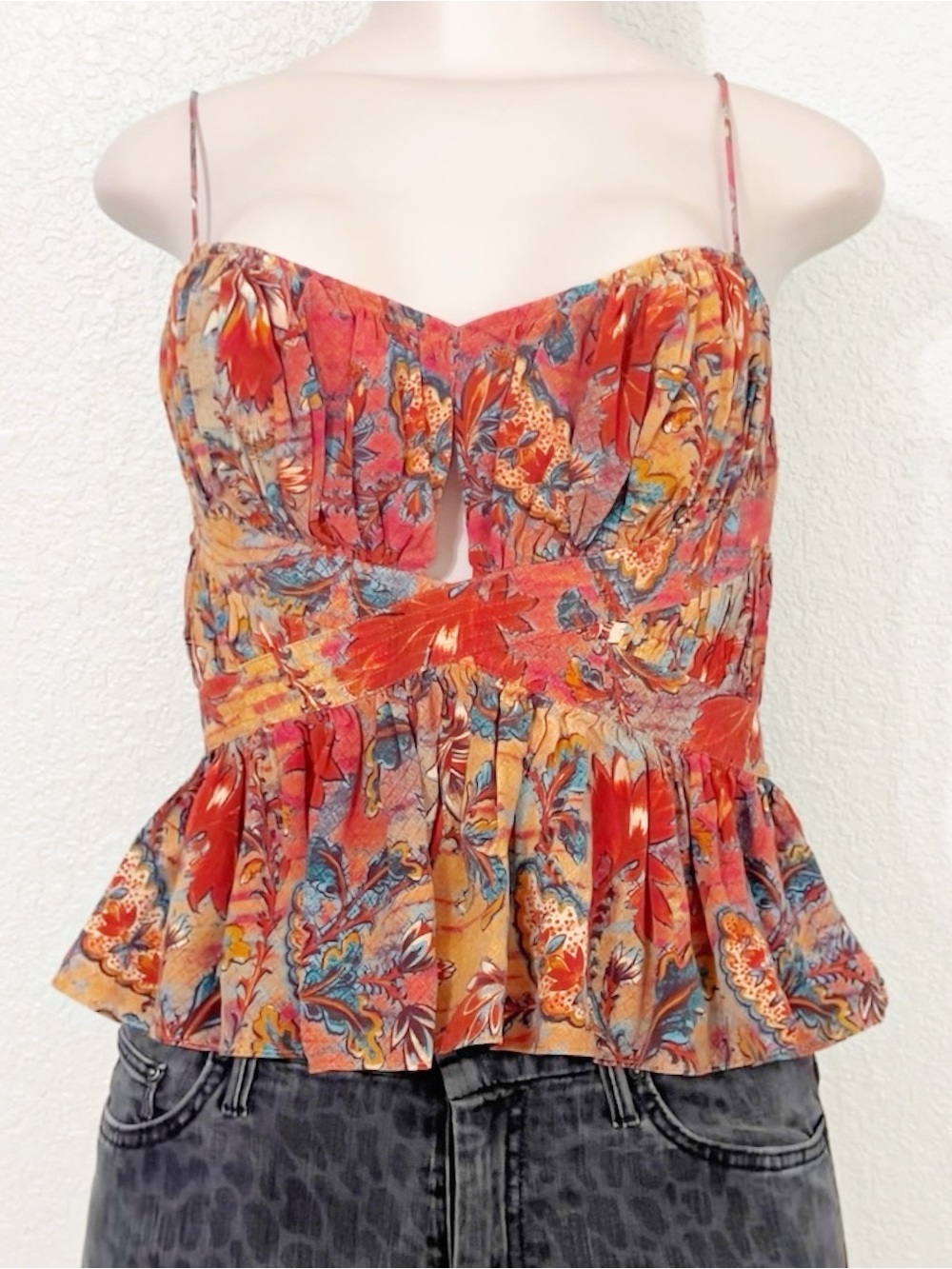 Ulla Johnson Zuma Pleated Silk Peplum Top Coral Bloom Paisley Sz 4